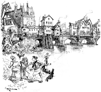 Paris : la Seine, pont avec maisons, habitants, Parisiens, scènes de la vie parisienne au Moyen Âge - architecture - habitat urbain - rivière - Albert Robida