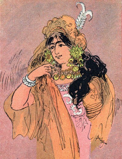 Portrait de la princesse Badroulbadour Illustration par Albert Robida (1848-1926) pour le conte « Aladin et la lampe merveilleuse » dans « Les mille et une nuits » - Albert Robida