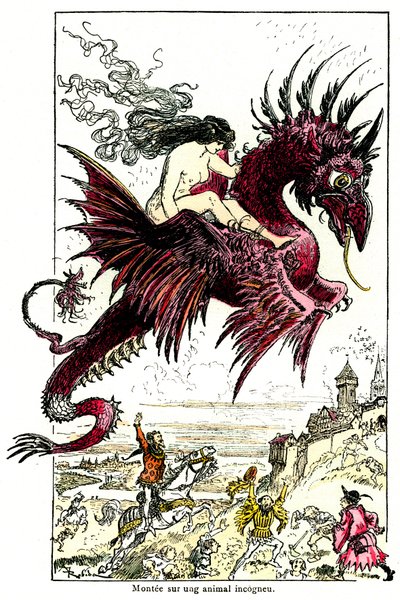 Succube : démon femelle chevauchant un dragon - illustration par Albert Robida pour les Contes Drolatiques d