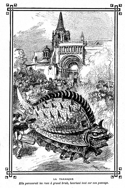 La Tarasque de Tarascon, monstre fabuleux du folklore de Provence : illustration par Albert Robida du manuel scolaire « Choix de lectures » par A Mironneau, Librairie Armand Colin 1911 - Albert Robida