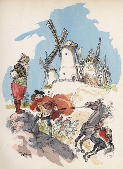 Le Baron de Münchhausen vient de traverser la frontière égyptienne et est pris dans une tempête provoquée par une grande figure pour faire tourner les 7 moulins. Illustration par Albert Robida - dans "Histoire et Aventures du Baron de Münchhausen", H. Laur - Albert Robida