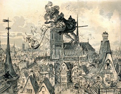 Le Géant Gargantua saute de son cheval - Albert Robida