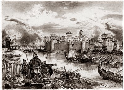 Les Vikings, pirates normands commandés par leur chef Siegfried, assiègent Paris (gravure) - Albert Robida
