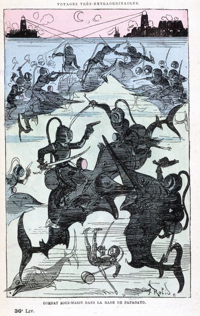 Combat sous-marin dans la baie de Papagayo (scaphandriers chevauchant des poissons), parodie de Jules Verne, "Voyages très extraordinaires de Saturnin Farandoul dans 5 ou 6 parties du monde et dans tous les pays connus ou inconnus de M. Jules Verne" par Ro - Albert Robida