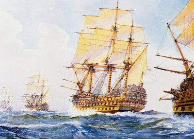 Navires du 18e siècle en file indienne, tribord amures, aquarelle d