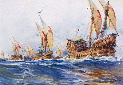 Navires français du roi Louis IX pendant la huitième croisade en 1268, aquarelle d