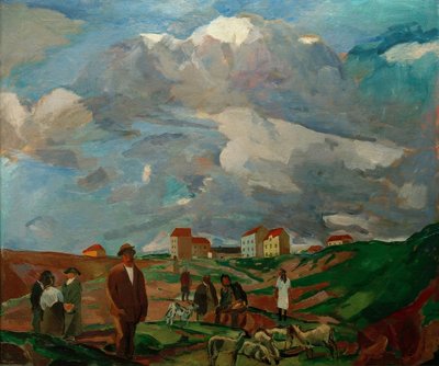 Maisons de banlieue (avec gens et troupeau de moutons) - Albert Weisgerber