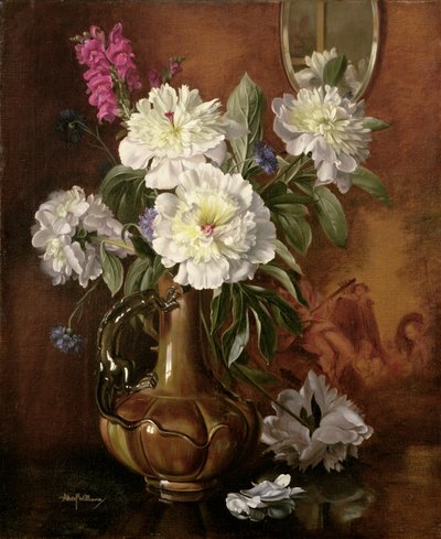 AB298 Pivoines blanches dans un vase victorien émaillé - Albert Williams