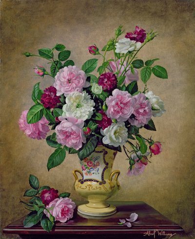 Roses et dahlias dans un vase en céramique - Albert Williams