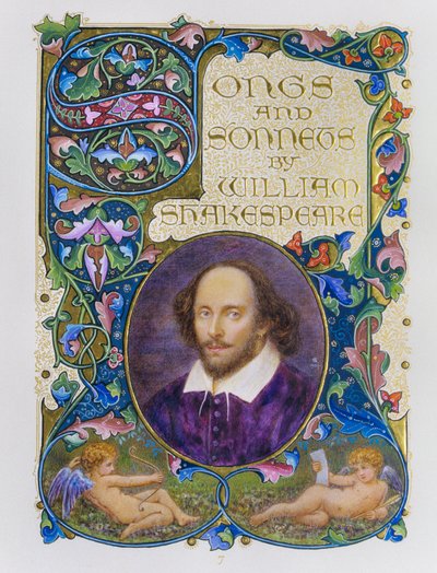 Page de titre avec portrait en couleur de William Shakespeare par l