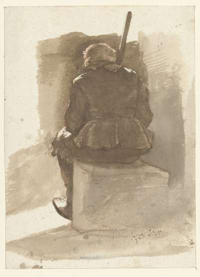 Homme assis avec un bâton, vu de dos - Albertus Brondgeest