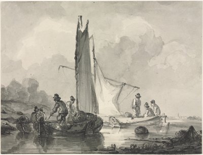 Paysage fluvial avec pêcheur et trois bateaux - Albertus van Beest