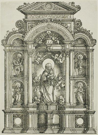 Retable avec la belle Vierge de Ratisbonne et les saints Christophe, Marie-Madeleine, Florian et Catherine debout dans des niches, avec Dieu le Père au-dessus. - Albrecht Altdorfer