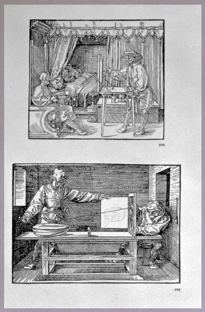 Appareil pour traduire des objets tridimensionnels en dessins bidimensionnels, deux scènes du premier livre technique de l