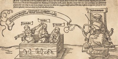 Justice, Vérité et Raison dans les stocks avec le juge assis et la piété endormie, probablement 1526 - Albrecht Dürer