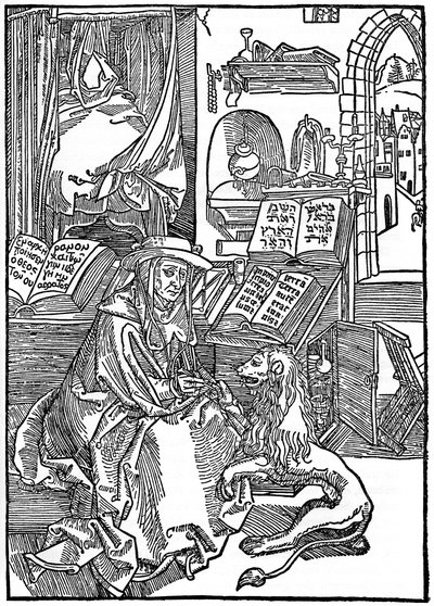 Saint Jérôme dans son étude retirant une épine de la patte d