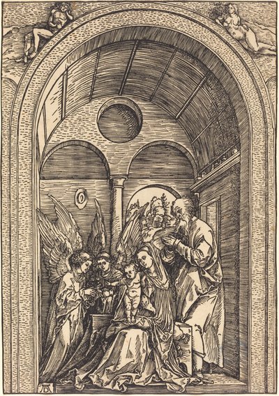 La Sainte Famille avec deux anges dans une salle voûtée - Albrecht Dürer