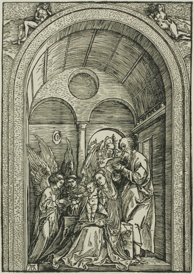 La Sainte Famille avec deux anges dans une salle voûtée - Albrecht Dürer