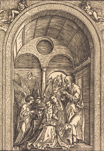 La Sainte Famille avec deux anges dans une salle voûtée - Albrecht Dürer