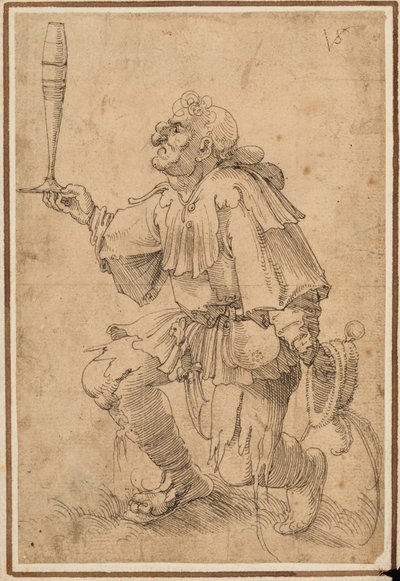 Un homme grotesque agenouillé, tenant un grand verre de bière à sa base - Albrecht Dürer