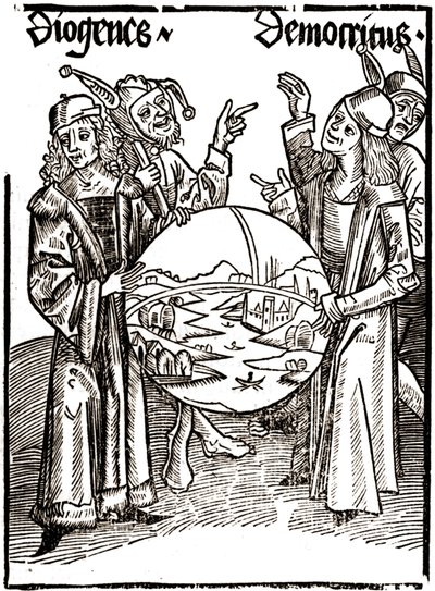 Diogène (-413 - -327) et Démocrite (-460 - -370) - dans « Das Narrenschiff (Le bateau des fous) » de Sébastien Brandt (1458 - 1521). Gravure. - Albrecht Dürer