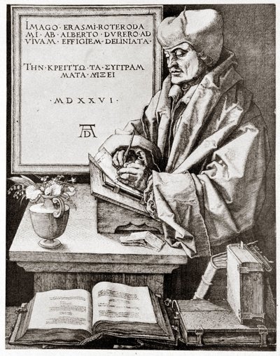 Érasme à son écriture - gravure par Albrecht Dürer reproduite au début du 20e siècle - Albrecht Dürer