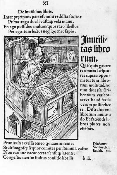 Savant à son bureau. Il porte une paire de lunettes. Xylographie de Dürer, das narrenschiff par Sebastiano Brandt. - Albrecht Dürer