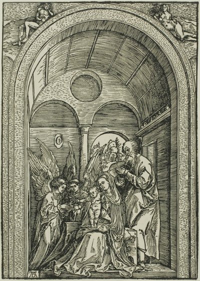 La Sainte Famille avec deux anges dans une salle voûtée - Albrecht Dürer or Duerer