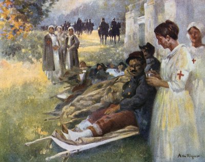 Premiers secours : Soldat blessé et son infirmière à un poste de secours pendant la Première Guerre mondiale en France - Alejandro de Riquer
