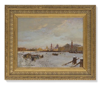 Vue sur la Neva gelée, les colonnes rostrales, la cathédrale Saint-Isaac et l