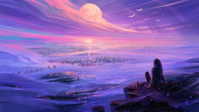 Une jeune fille au-dessus de la ville au clair de lune - Alena Aenami