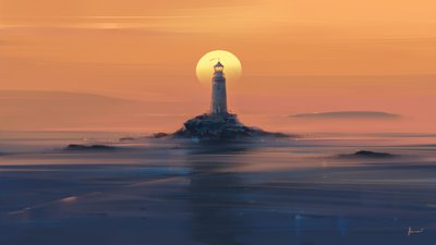 Coucher de soleil sur le phare doré - Alena Aenami