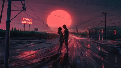 Couple au coucher de soleil rouge - Alena Aenami