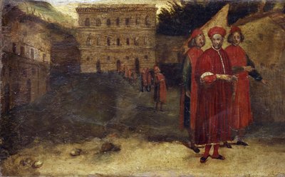 Saints Martyrs, détail de la prédelle avec une représentation du palais Pitti en arrière-plan. Peinture par Alessandro Allori - Alessandro Allori