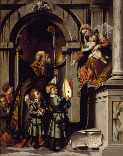 Saint Nicolas de Myre ou de Bari (270-345) présente les élèves de Galeazzo Rovelli à la Vierge avec l