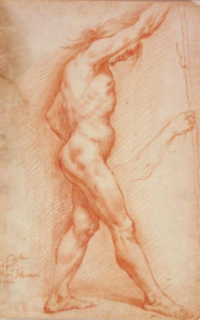 Nu masculin debout avec un bâton de profil à droite, et une esquisse pour son bras droit - Alessandro Gherardini