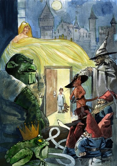 Un enfant regardant les personnages des contes de fées comme le Chat botté, une princesse et un crapaud, les Sept Nains - Alessandro Lonati