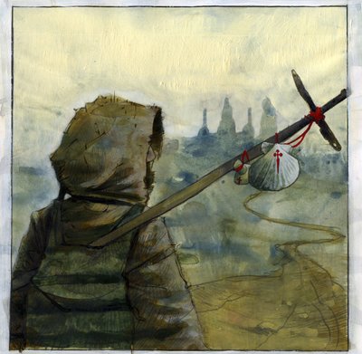 Un pèlerin sur le chemin de Saint-Jacques-de-Compostelle avec le symbole de la coquille de Saint-Jacques, Espagne - Alessandro Lonati