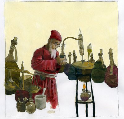 Alchimiste dans son laboratoire entouré de fioles et d