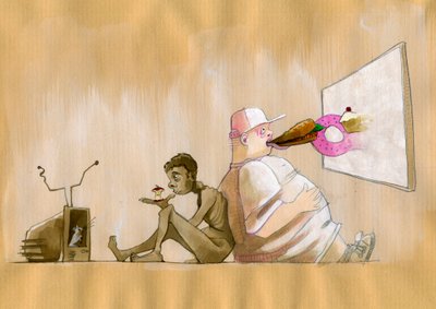 Représentation allégorique de notre société de consommation partagée exagérée comme un jeune occidental obèse avalant de la malbouffe devant un écran géant, adossé à un homme affamé regardant désespérément une pomme - Alessandro Lonati