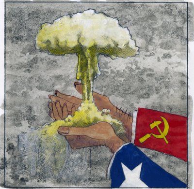 Représentation allégorique de la guerre froide comme des mains américaines et soviétiques tenant le nuage atomique - Alessandro Lonati