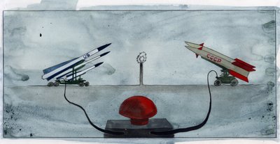 Représentation allégorique de la guerre froide avec le gros bouton rouge connecté aux missiles de l