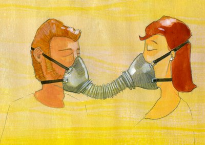 Anticipation, pollution : un couple partageant le même masque à gaz - Alessandro Lonati