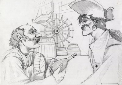 Pirate des Caraïbes dans une auberge avec une bouteille. Dessin par Alessandro Lonati - Alessandro Lonati