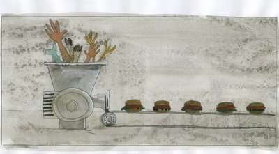 Société de consommation : production de malbouffe, hamburger fait avec des restes humains et animaux - Alessandro Lonati