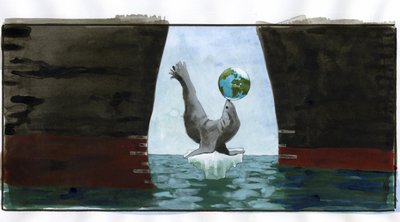 Écologie et réchauffement climatique : fonte des glaces, un phoque jouant avec la planète sur son museau, repose sur la dernière petite pointe d