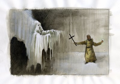Combat entre un moine tenant un crucifix et un fantôme - Alessandro Lonati