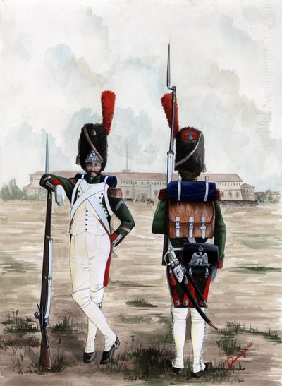 Premier Empire (1804-1814 et 1815) : soldats grenadiers de la Garde Royale de la Grande Armée Napoléonienne sur la place du Château Sforzesco à Milan, Italie - Alessandro Lonati
