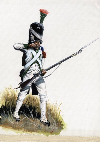 Premier Empire (1804-1814 et 1815) : soldat Velite de la grande armée napoléonienne en Italie ouvrant une cartouche - Alessandro Lonati