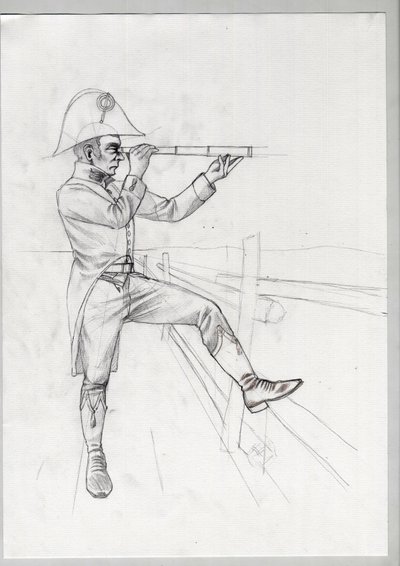 Premier Empire (1804-1814 et 1815) : soldat supérieur de la grande armée napoléonienne française en observation avec une longue vue. Dessin inachevé par Alessandro Lonati. - Alessandro Lonati